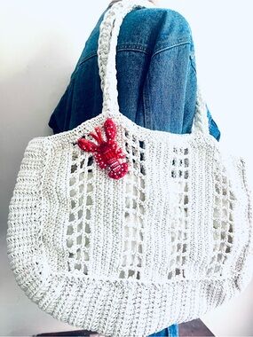Viral White Crochet Tote Bag with lobster charm